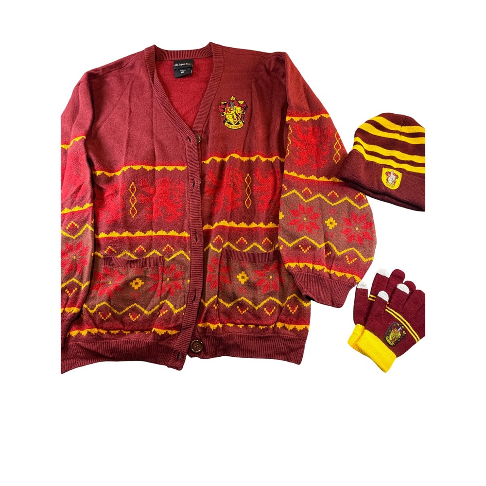 Harry Potter Gryffindor Cardigan Set Beanie Gloves Burgundy Gold MD